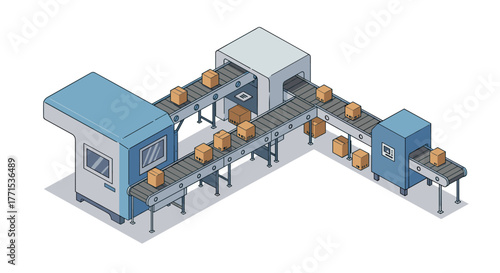 Isometric factory conveyor system with automated packaging and sorting machines