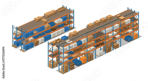 Isometric warehouse shelving with boxes and containers in industrial storage