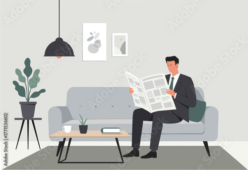 Reading news modern living room digital cozy environment view everyday life concept