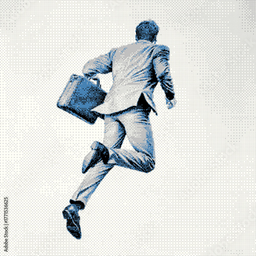 Dynamic businessman in a suit running with a briefcase, minimalist style.