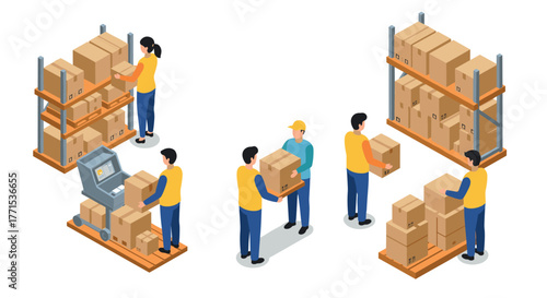 Efficient warehouse operations with workers handling packages on shelves and sorting