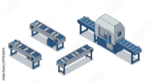 Isometric conveyor system with industrial machinery for automated manufacturing
