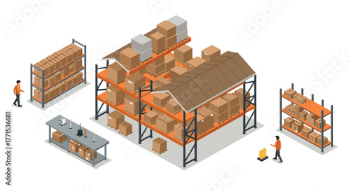 Isometric warehouse scene with shelves and boxes featuring workers in industrial setting