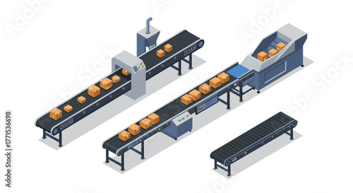 Automated packaging process with conveyor belt and carton boxes in isometric style