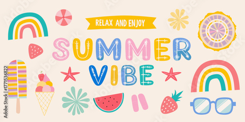 Bright and cheerful summer vibe graphic with fun illustrations and colorful lettering