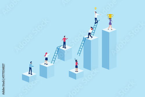Business people climbing ladders on rising bar chart blocks towards success and trophy