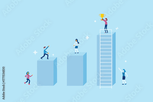 Diverse business people climbing stairs and ladders towards success and victory with a trophy