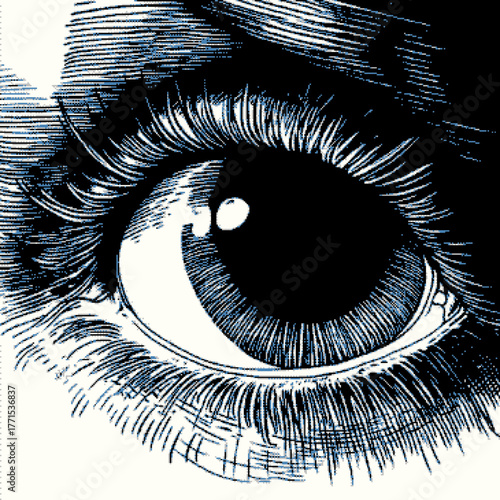 Detailed close-up of a human eye with intricate line work and shading