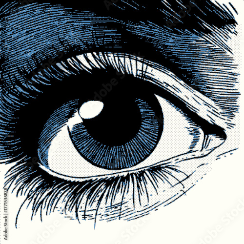 Close-up of an eye with detailed eyelashes and a vibrant iris, in a retro comic style