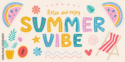 Bright and cheerful summer vibe lettering with playful illustrations of watermelon plants and a beach chair