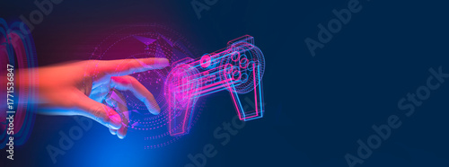 gamer hand touching and interactive to holographic of gaming joystick controller, game and esports technology