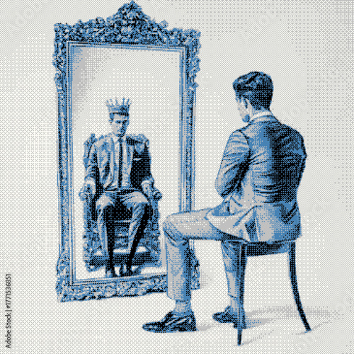 A contemplative man gazes into a vintage ornate mirror reflecting a regal figure.