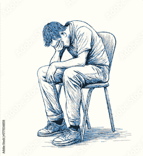 A melancholic young man sitting on a chair with his head down
