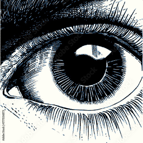 Close-up of a detailed eye illustration featuring intricate line work and contrast.