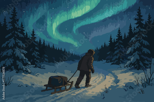 Aurora borealis adventure snowy forest digital nighttime landscape exploration