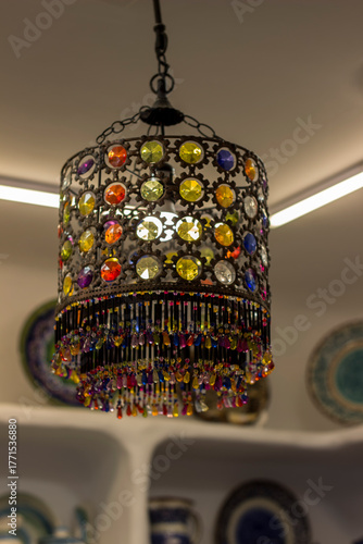 Vintage stone-studded chandelier, close-up.