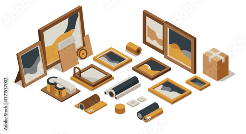 Isometric art supplies and frames creative workspace essentials for artists