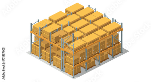 Isometric warehouse shelves with cardboard boxes