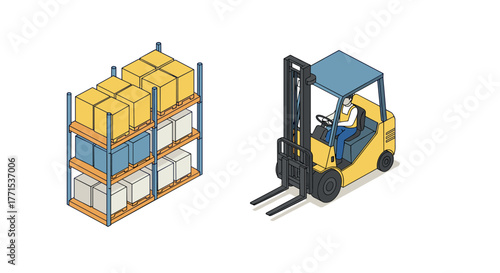 Warehouse logistics equipment and storage shelving in isometric style