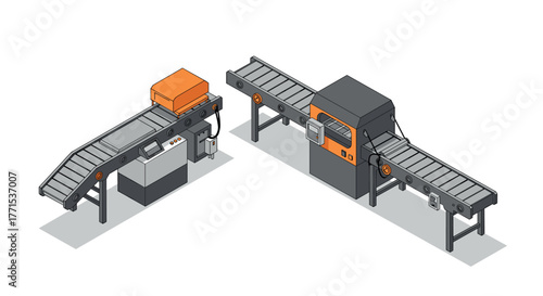 Industrial conveyor belt system in isometric design for manufacturing and logistics