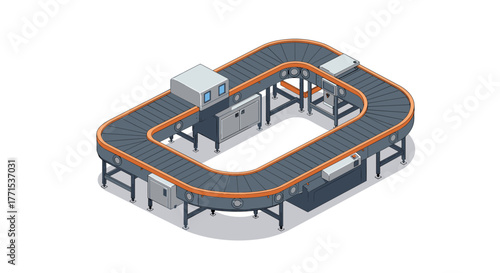 Isometric factory assembly line with conveyor belt and equipment