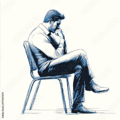Pensive man seated on a chair, contemplating in an illustrative blue tone