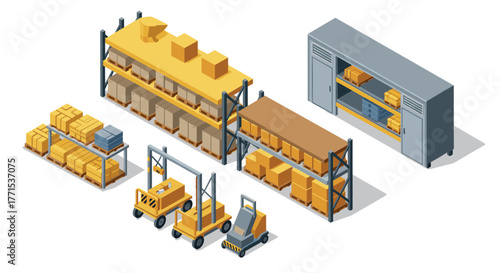 Modern warehouse isometric design with shelves and equipment