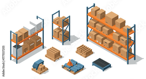 Isometric warehouse storage with boxes and shelves in modern logistics