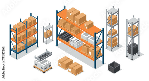Isometric warehouse shelves with cardboard boxes and goods for storage solutions