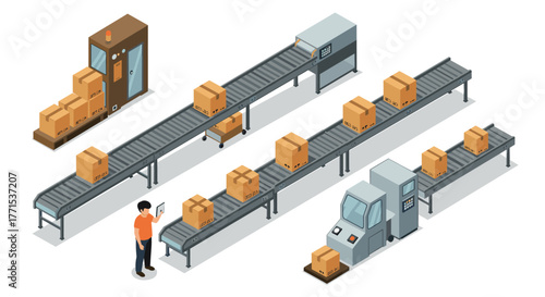 Isometric conveyor belt system with packages in modern warehouse design