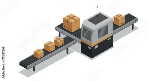 Automated packaging line with conveyor belt and cardboard boxes in modern isometric design