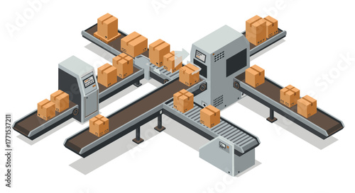 Isometric conveyor system with packages modern automation in logistics and distribution
