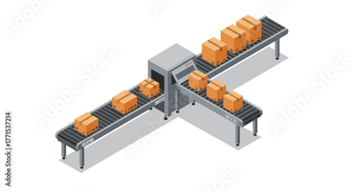 Isometric conveyor system with cardboard boxes for packing and distribution
