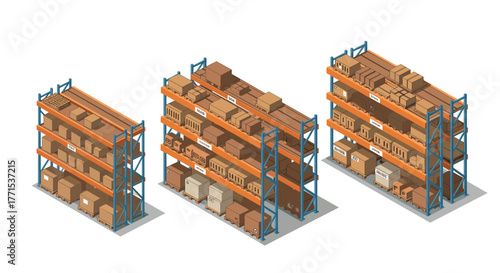 Isometric warehouse storage shelves with cardboard boxes