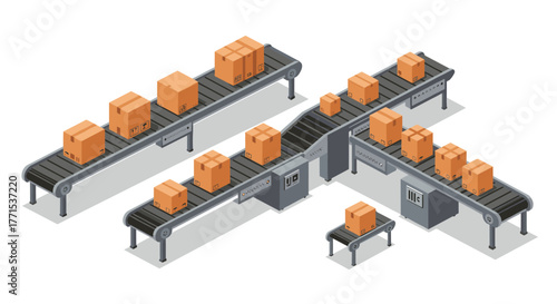 Isometric conveyor belt with cardboard boxes in a warehouse setting