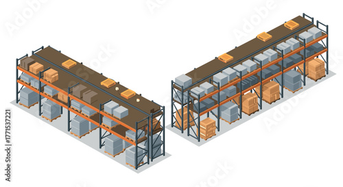 Isometric warehouse shelving with boxes and pallets for storage and logistics