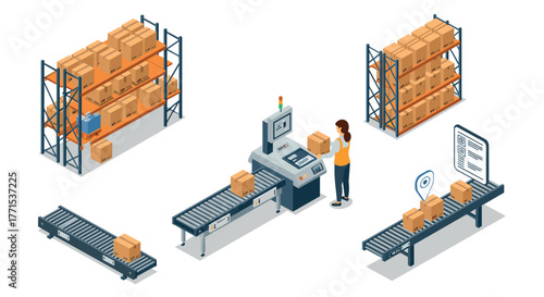 Warehouse automation system with conveyor belts and storage racks in isometric style