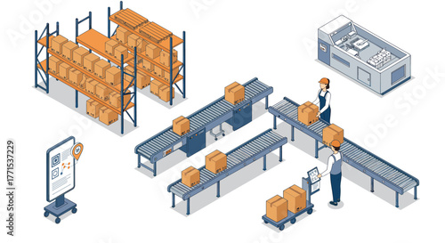Modern warehouse automation with workers and conveyor belts in isometric style