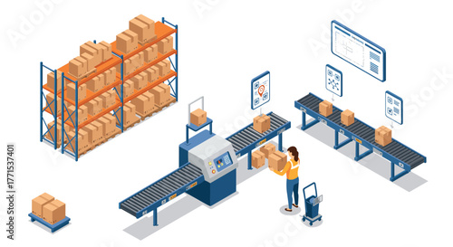 Warehouse automation and packaging process in isometric style