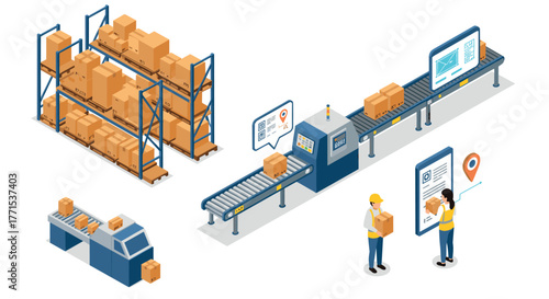 Isometric warehouse automation with conveyor systems and smart technology integration