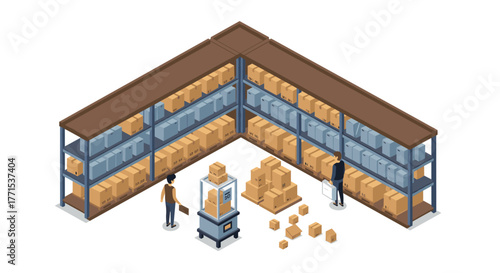 Isometric warehouse scene with workers and robot organizing cardboard boxes on shelves