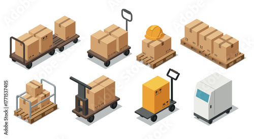 Isometric logistics and packaging icons collection with pallets and carts