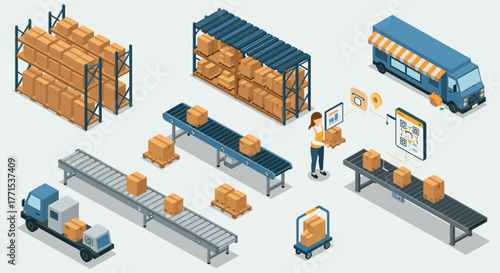 Isometric warehouse logistics and distribution system with packages and conveyor belts