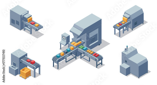 Automated factory conveyor system with modern machine equipment in isometric design
