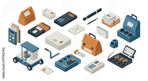 Isometric office essentials modern 3d stationery and gadgets collection