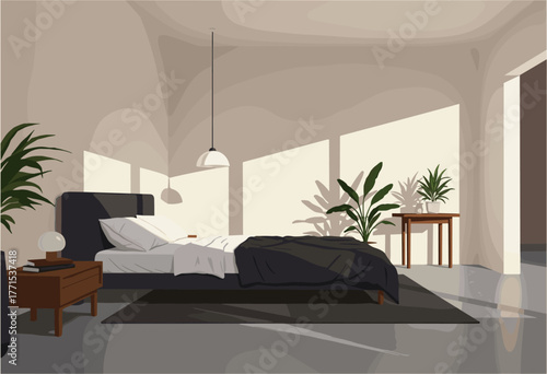 Relaxing bedroom scene modern home digital minimalist environment top-down view tranquil concept for seo impact