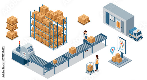 Efficient warehouse logistics with isometric conveyor belt and parcel sorting
