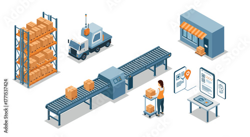Modern warehouse logistics automation and inventory management in isometric style