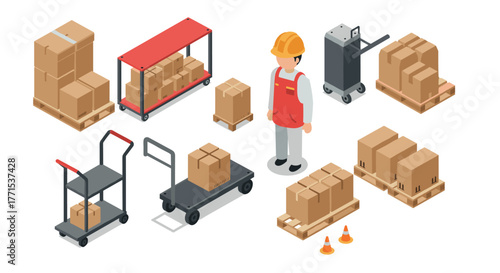 Isometric warehouse logistics with worker and pallets of boxes for efficient management