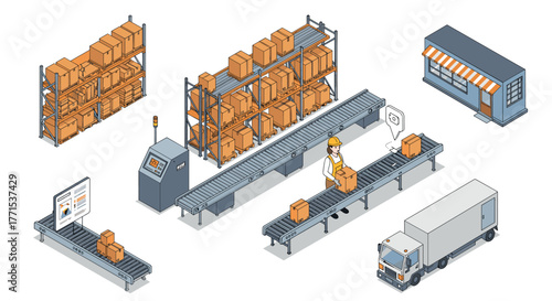 Isometric warehouse automation with conveyor belts and packaging solutions